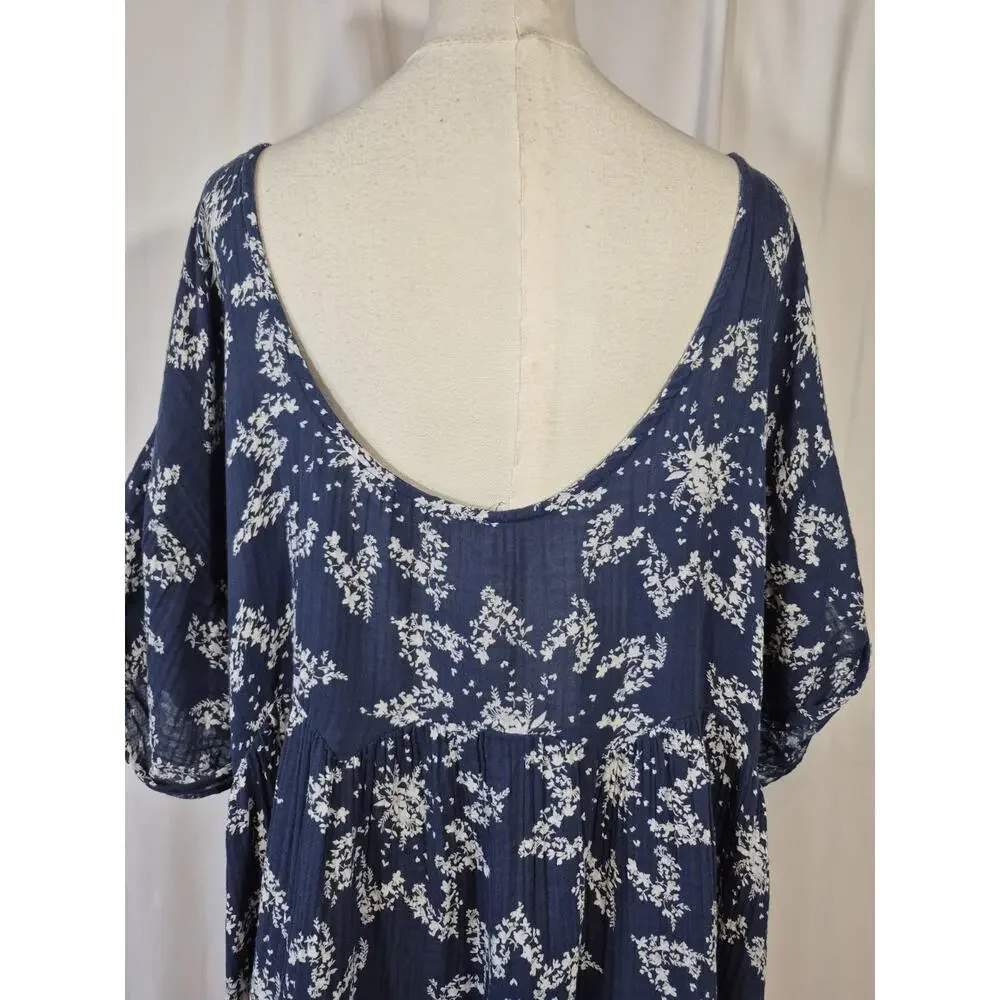 Free People Belezza Babydoll Floral Printed Blue Cotton Mini Dress Large